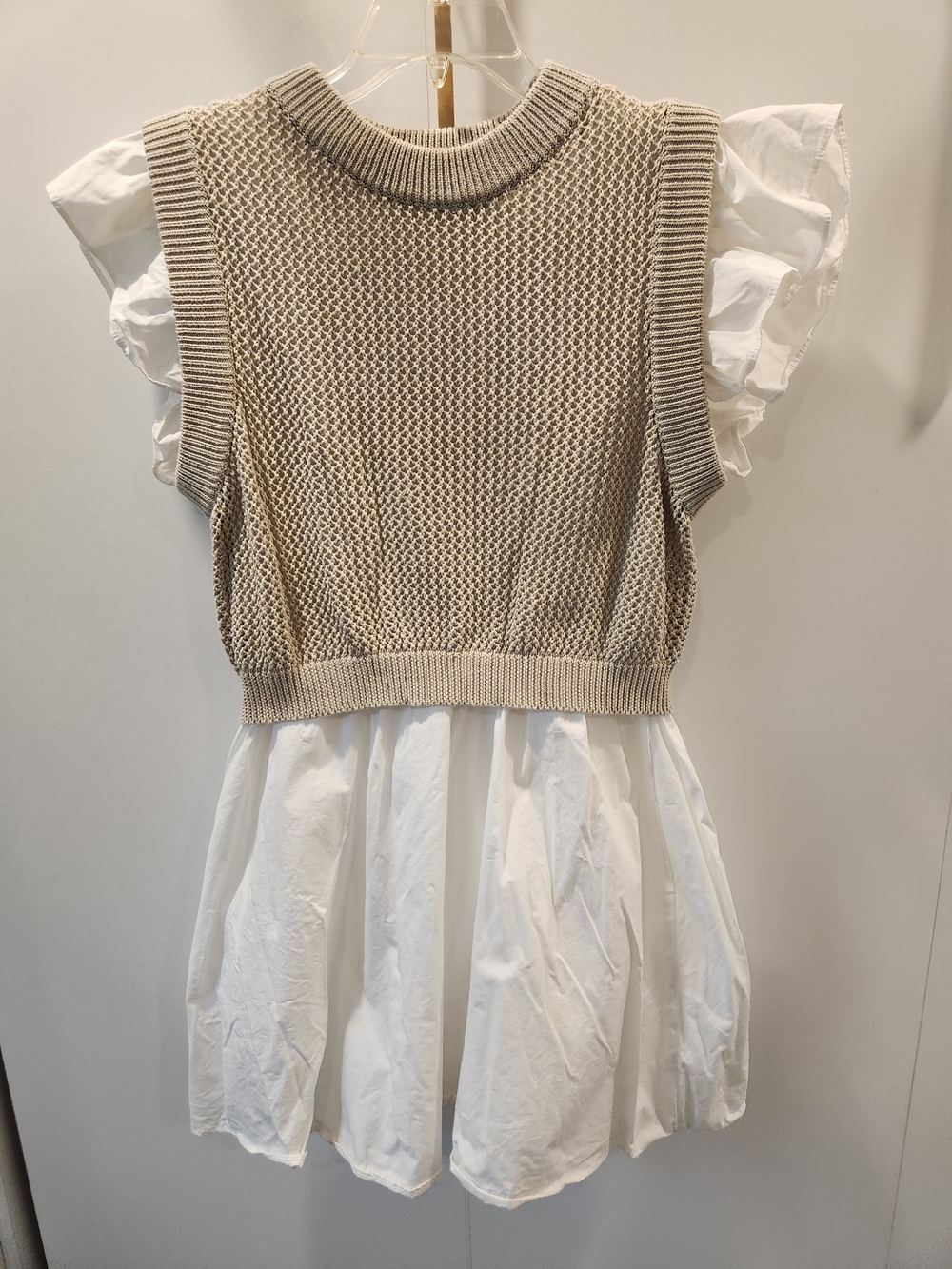 En Saison Tan Knit Crop Vest with Long White Ruffle Shirt
